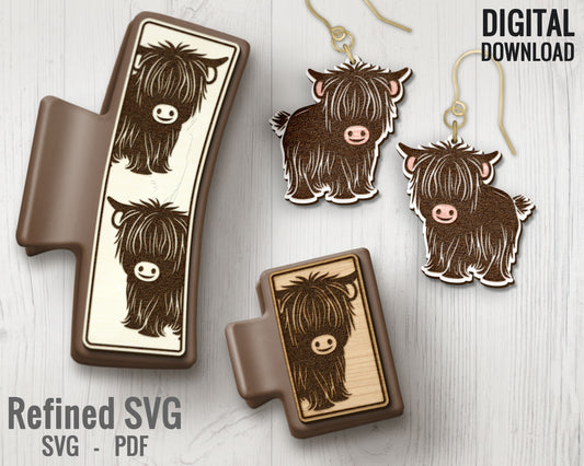Cute Highland Cow Hair Clips + Matching Earring SVG File Set, Western Hair Clip Files + Earring SVG Files, Claw Hair Clip Laser Design Set