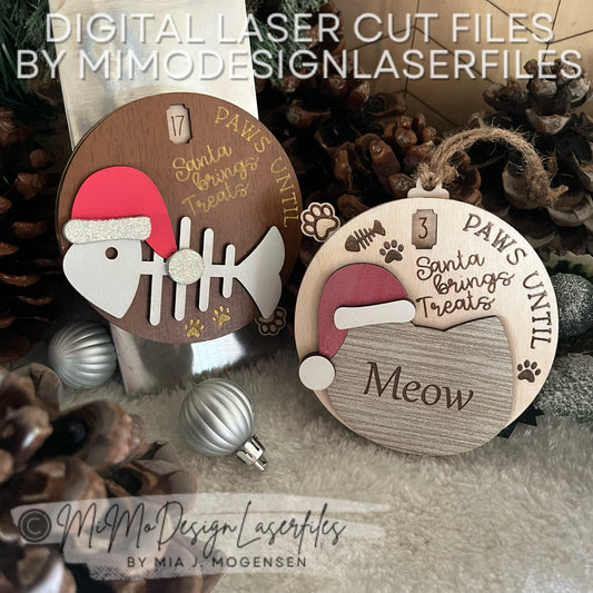 Cat & Fishbone Christmas Countdown Spinners, Ornament or Magnet - Counting from 25/24 Days, Scored or Engraved, Paw Lever