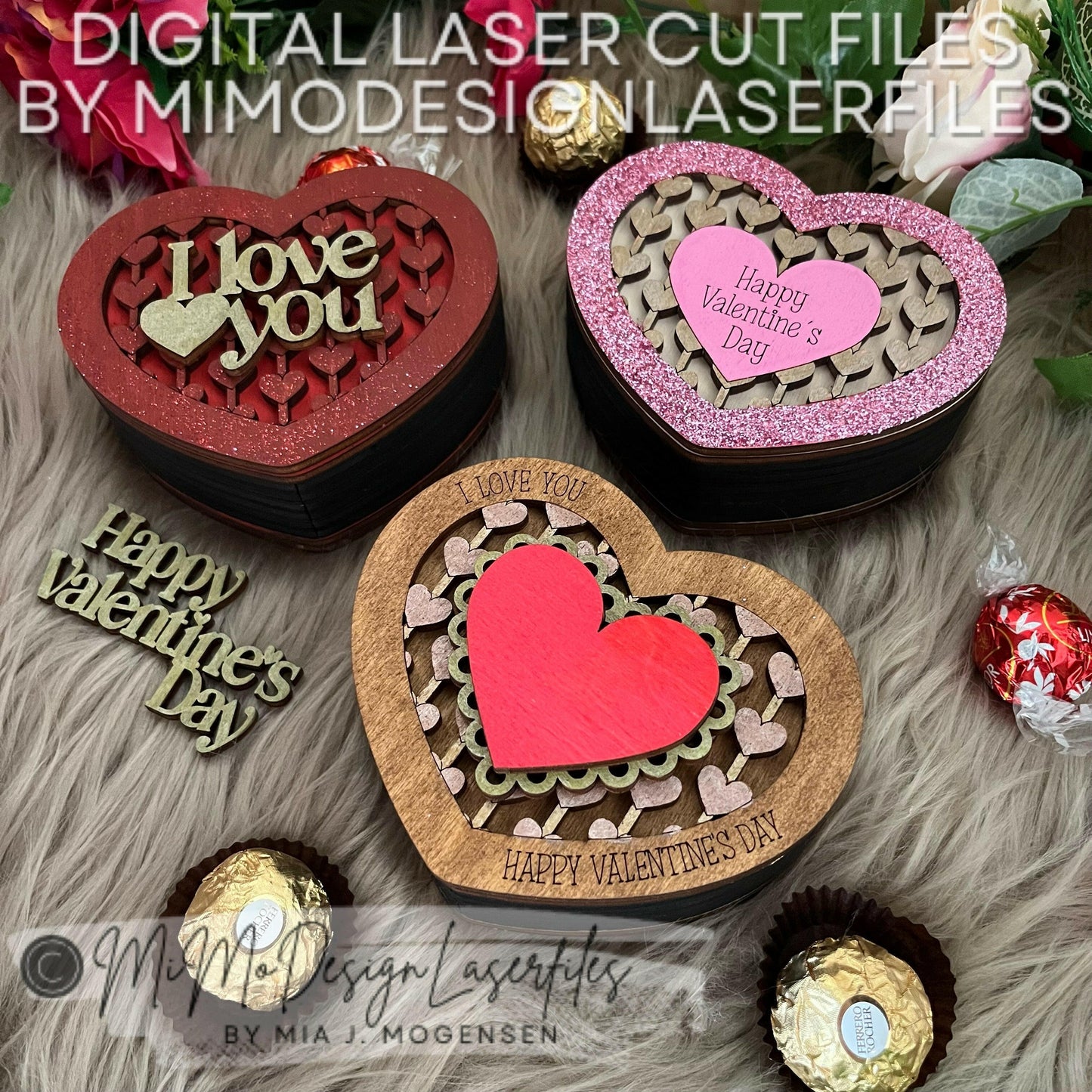 Heart Shaped Valentines Chocolate Boxes with bottom statements / affirmations. 4 designs