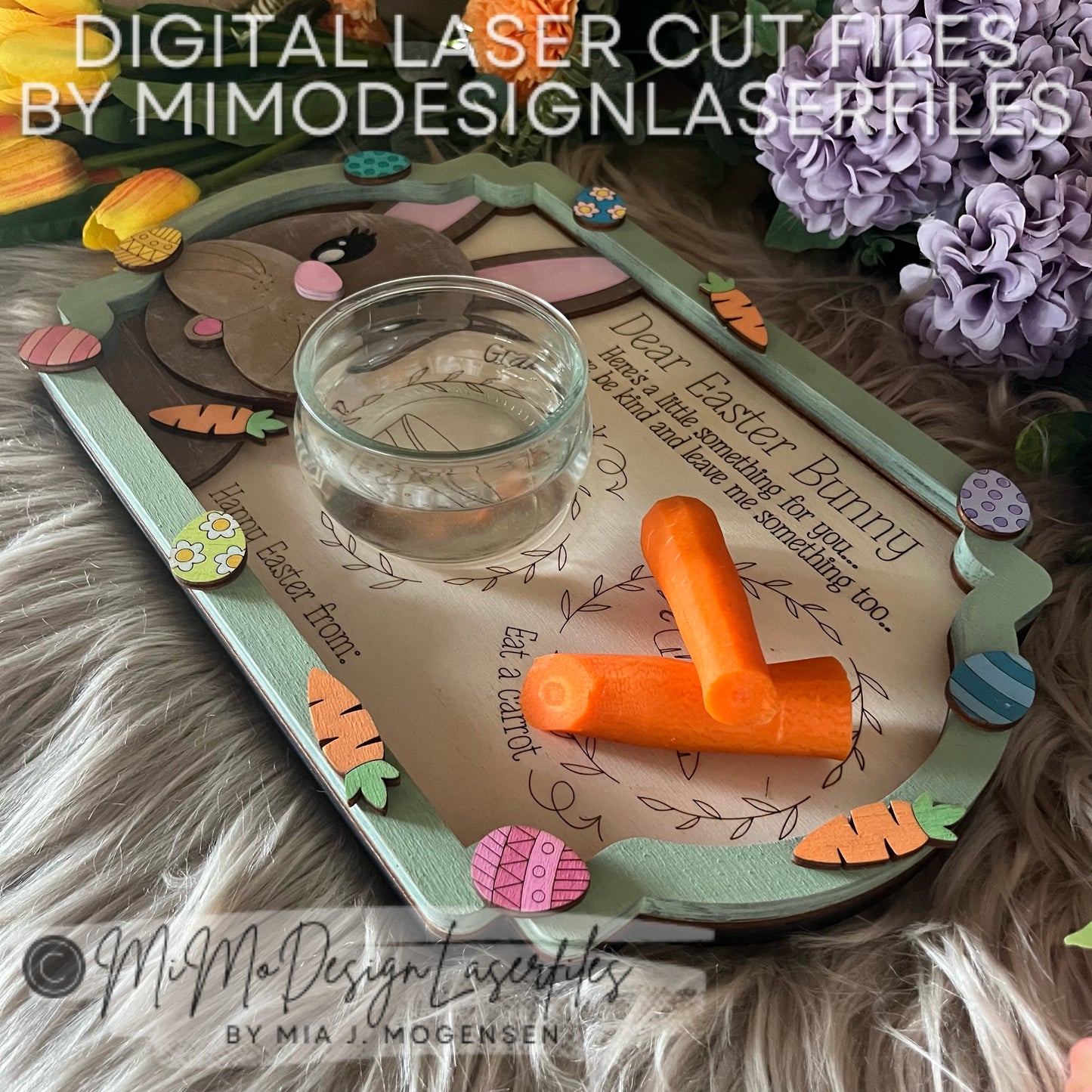 Easter Bunny 3D Treat Tray for drink & carrots, all scored single line design with layered eggs, carrots