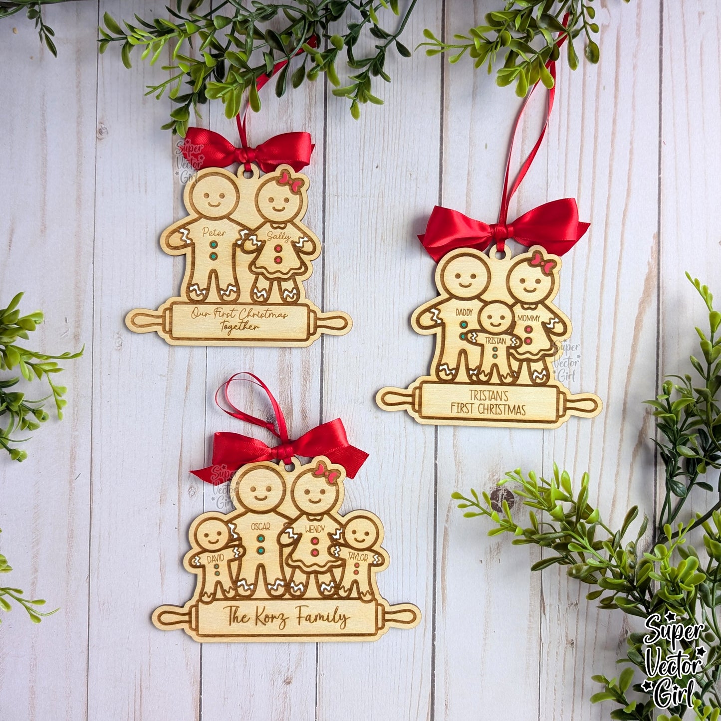 Gingerbread Family Christmas Ornament, up to 7 Custom Name, Personalized, SVG, Laser Cut File, xTool Glowforge files, 1st Christmas, Baby, Married, Mr. Mrs. Boy Girl