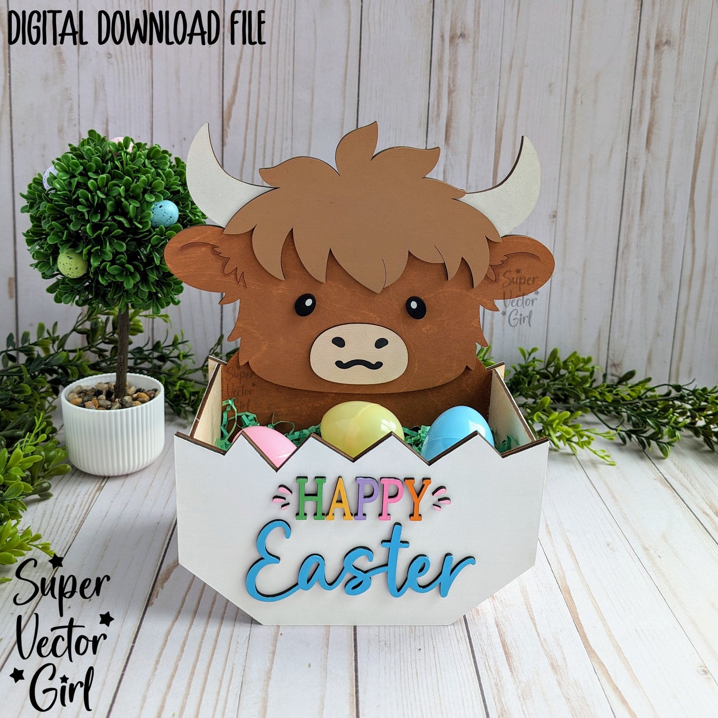 Highland Cow Easter Basket Crate, Easter Treats Box, SVG, Laser Cut File, xTool Glowforge files, Cute high land cow in egg, gift box, hatching, spring