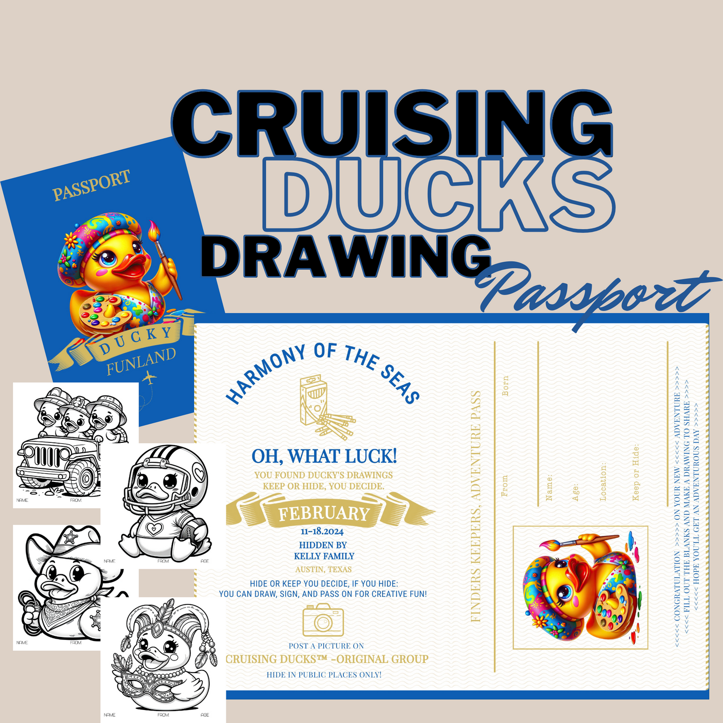 Editable Passport with 8 Kids' Drawings - Perfect Cruising Duck Gift - Digital Download