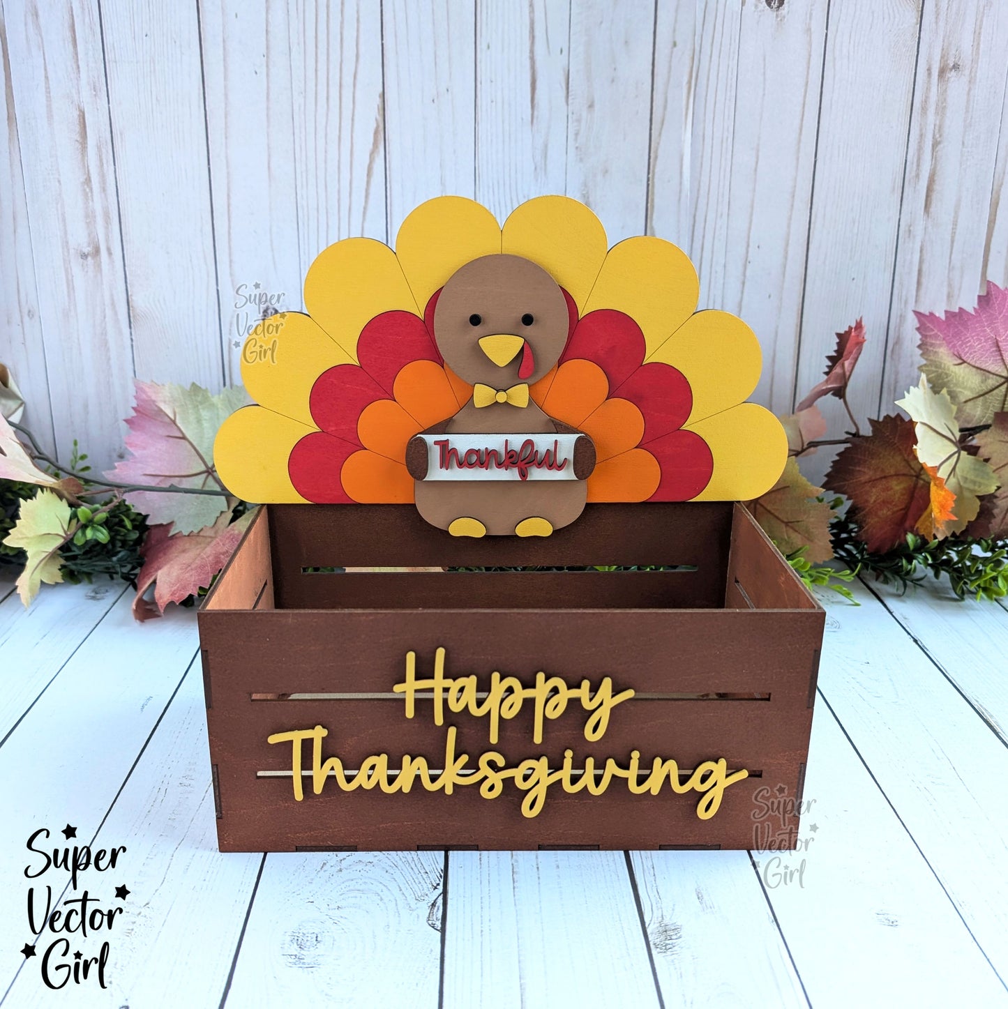 Thanksgiving Crate Box, Turkey Holding a Sign, Girl or Boy Thankful Turkey, Table Decoration Basket, SVG, Digital Laser Cut File files, Cute Turkey Shelf Sitter, Fall Home Decor