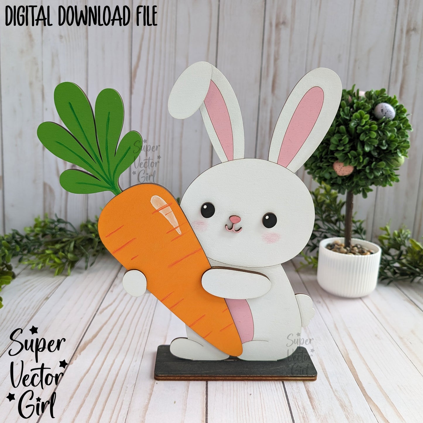 Easter Bunny Holding a Carrot Shelf Sitter, SVG, Laser Cut File, Cute Easter Rabbit, Spring Sign, Tiered Tray, Table Decoration, Home Decor, Shelf Sitters Files, Family Name Sign