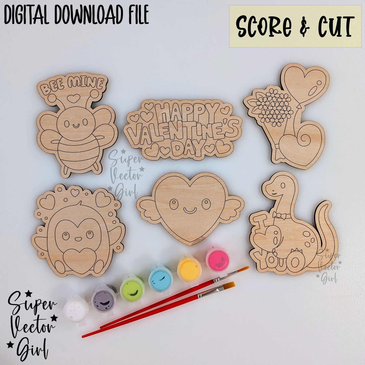 Valentine's Day DIY Paint Kit Set 2, Valentine SVG, Digital Laser Cut File, Score & Cut, Cute dinosaur penguin heart bee mine