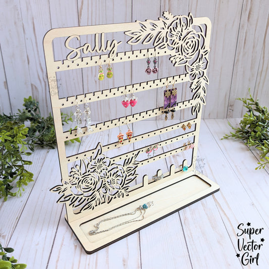 Earrings Jewelry & Trinkets Stand, Earring Organizer, SVG, Laser Cut File, Personalized Stud Earring Holder Display, Floral Flower Rose, Valentine's Day, Mother's Day, Gift for Girls