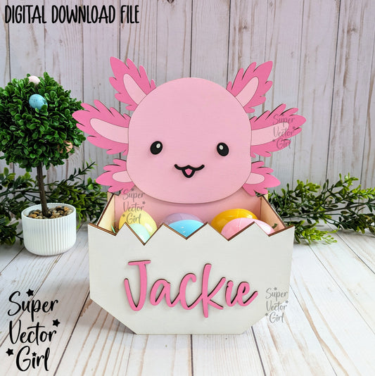 Axolotl Easter Basket Crate, Easter Treats Box, SVG, Laser Cut File, xTool Glowforge files, Cute salamander in egg, gift box, hatching, spring