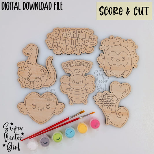 Valentine's Day DIY Paint Kit Set 2, Valentine SVG, Digital Laser Cut File, Score & Cut, Cute dinosaur penguin heart bee mine