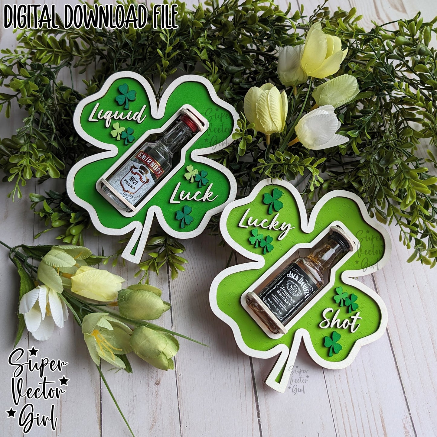 St. Patrick's Day Shooter Holder, SVG, Laser Cut File, Alcohol Bottle Gift, Small Round or Square Booze Bottle Shot Shooters, Alcohol 50 ML Shooters, Mini Liquor Holder, St Patricks Day Files