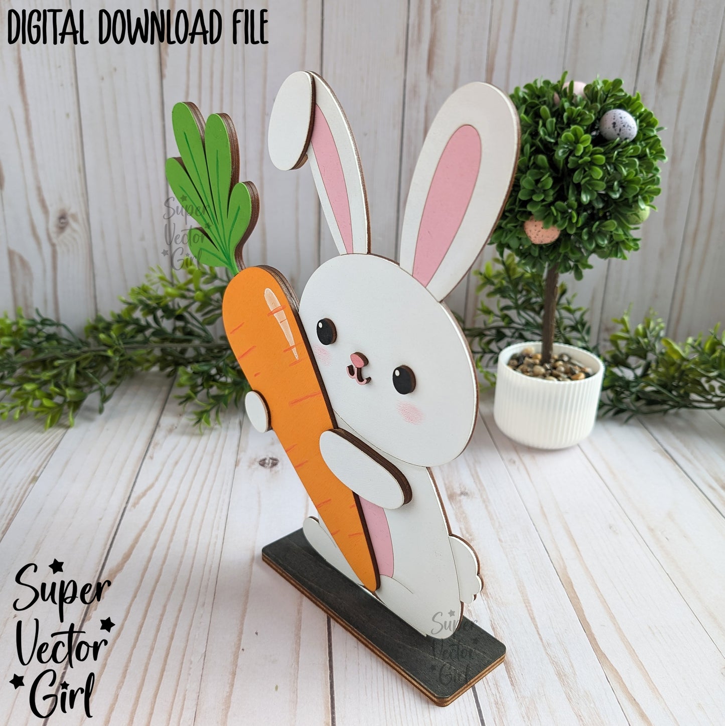 Easter Bunny Holding a Carrot Shelf Sitter, SVG, Laser Cut File, Cute Easter Rabbit, Spring Sign, Tiered Tray, Table Decoration, Home Decor, Shelf Sitters Files, Family Name Sign