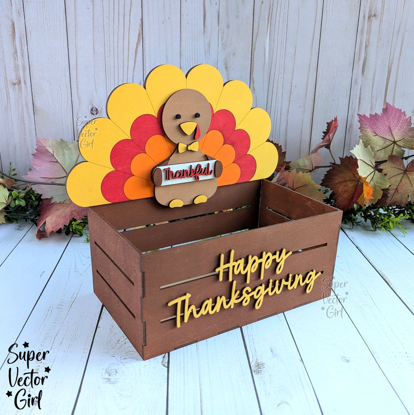 Thanksgiving Crate Box, Turkey Holding a Sign, Girl or Boy Thankful Turkey, Table Decoration Basket, SVG, Digital Laser Cut File files, Cute Turkey Shelf Sitter, Fall Home Decor