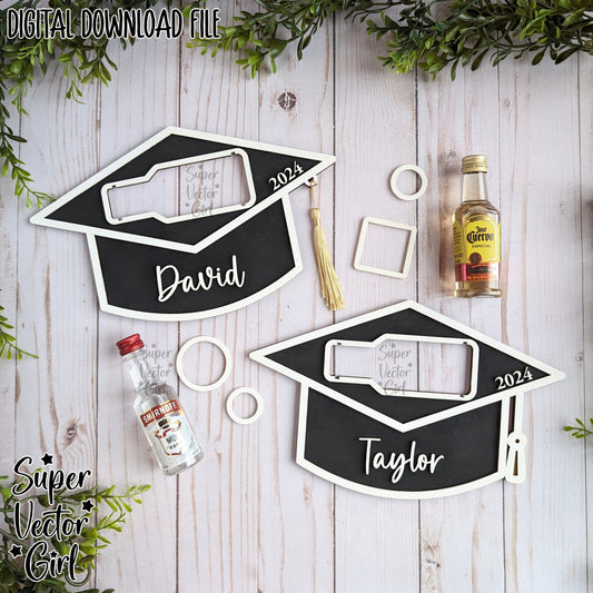 Graduation Hat Shooter Holder, SVG, Laser Cut File, Mini Alcohol Bottle Gift, Small Round or Square Booze Bottle Shot Shooters, Alcohol 50 ML Shooters, Mini Liquor Holder, College Graduate Gift Files