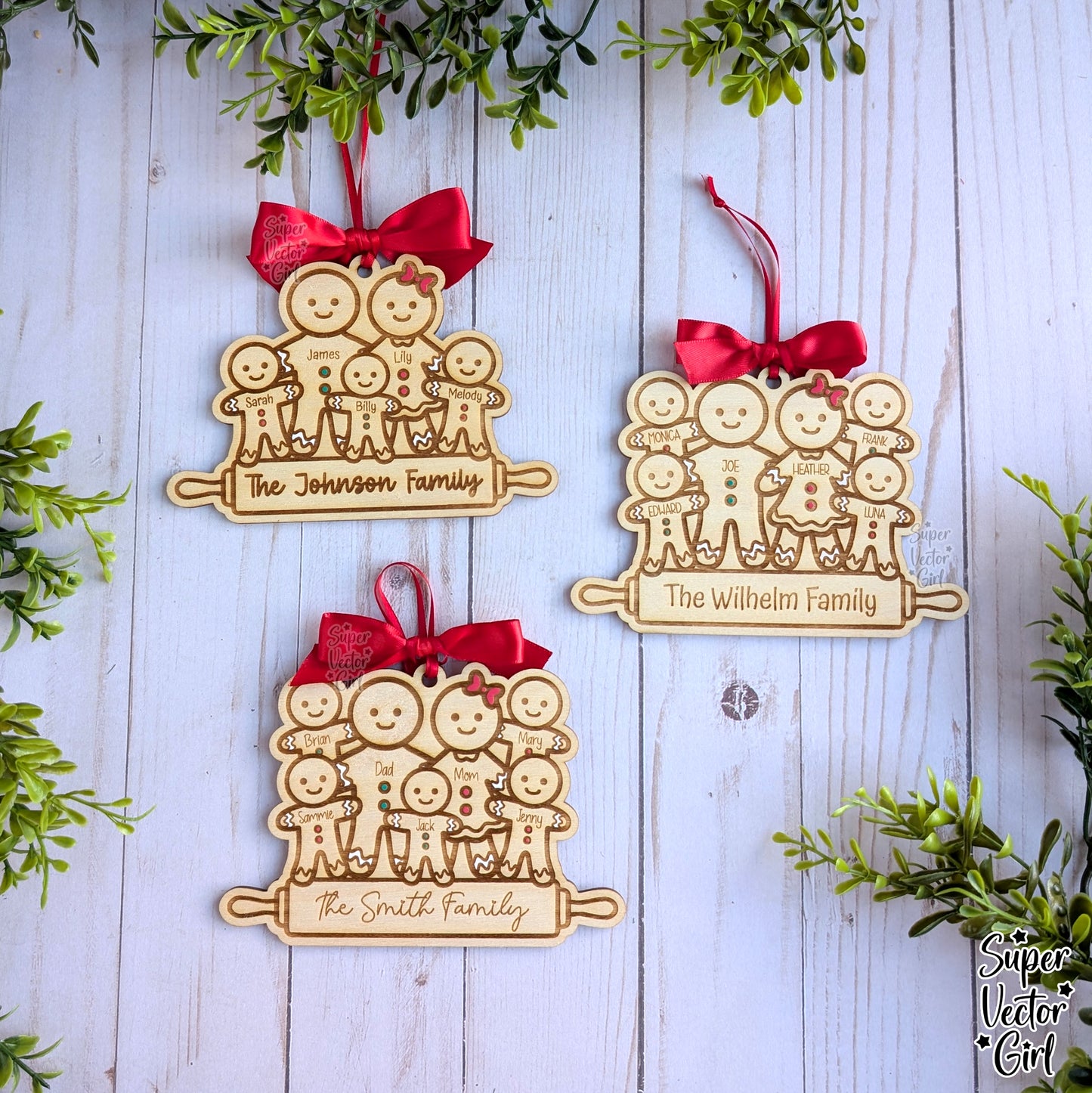 Gingerbread Family Christmas Ornament, up to 7 Custom Name, Personalized, SVG, Laser Cut File, xTool Glowforge files, 1st Christmas, Baby, Married, Mr. Mrs. Boy Girl