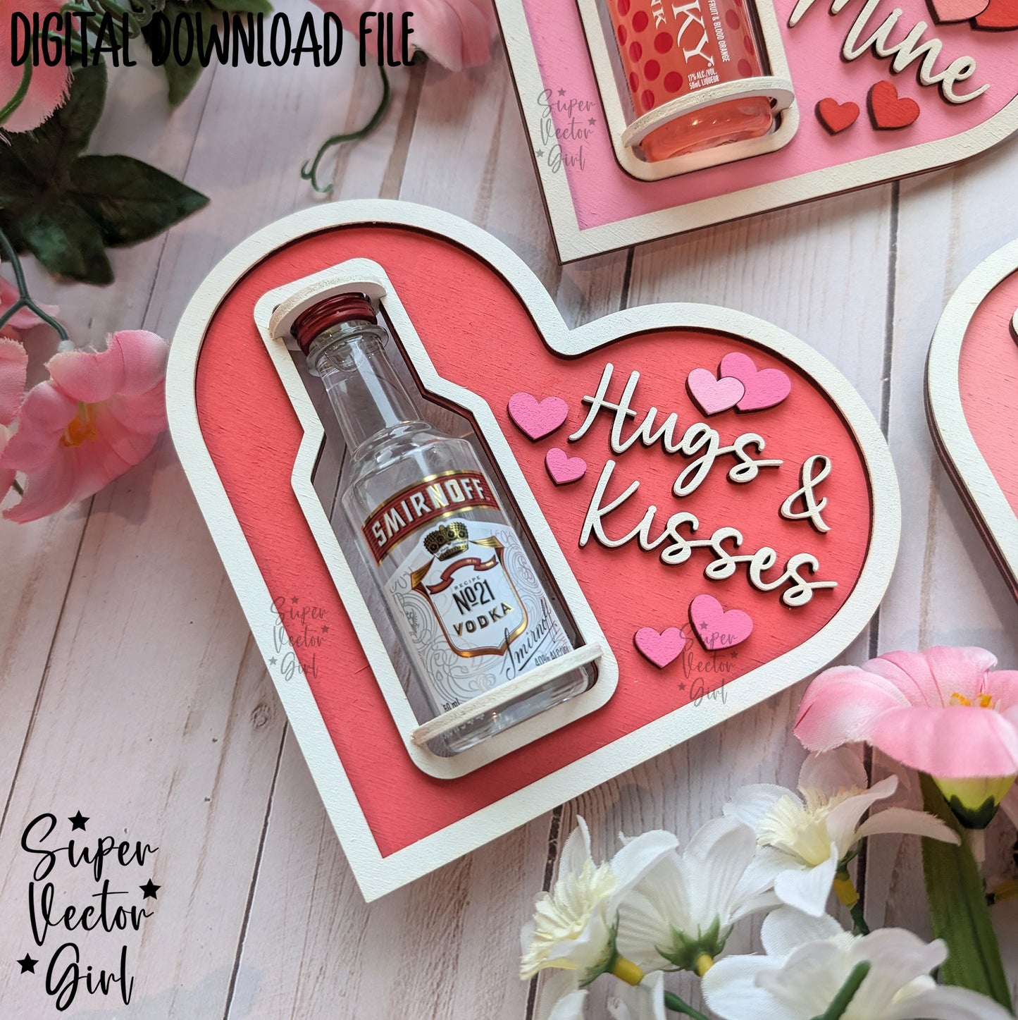 Valentine's Day Shooter Holder Card, SVG Laser Cut File, Alcohol Bottle Gift, Small Round or Square Booze Bottle Shot Shooters, Alcohol 50 ML Shooters, Mini Liquor Holder, Valentines Day Files