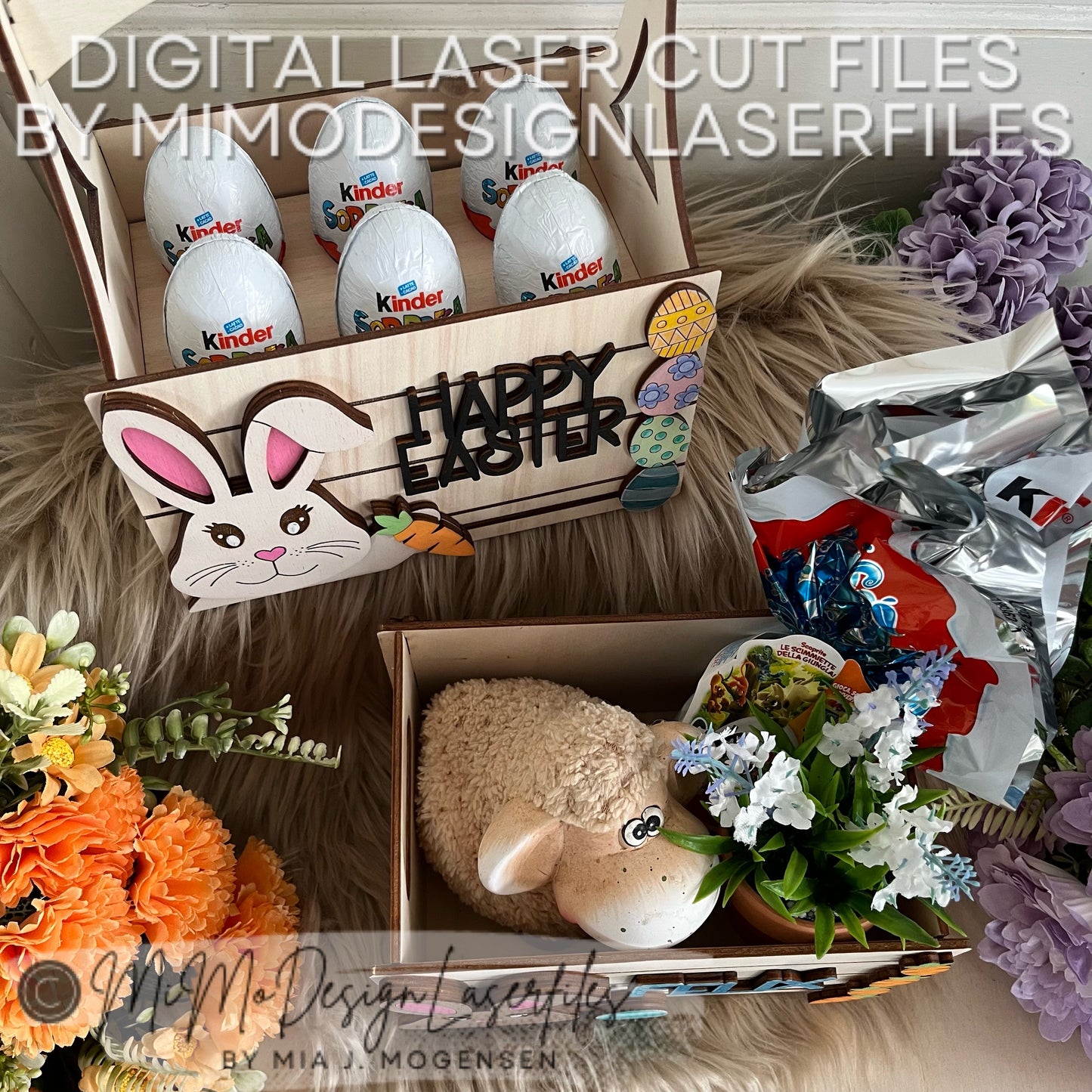 Bundle of 3D Easter Bunny 3in1 Basket & Box for Gifts, Kinder Joy and Regular Chocolate Eggs