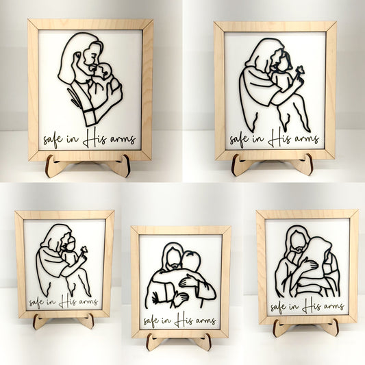 Jesus Christ with Baby, Boy, Girl, Young Man, & Young Woman "Safe in His Arms" Line Art Bundle with Easel Laser Cut Digital File | Child Loss | Grief Gift | Memorial Gift | Heaven