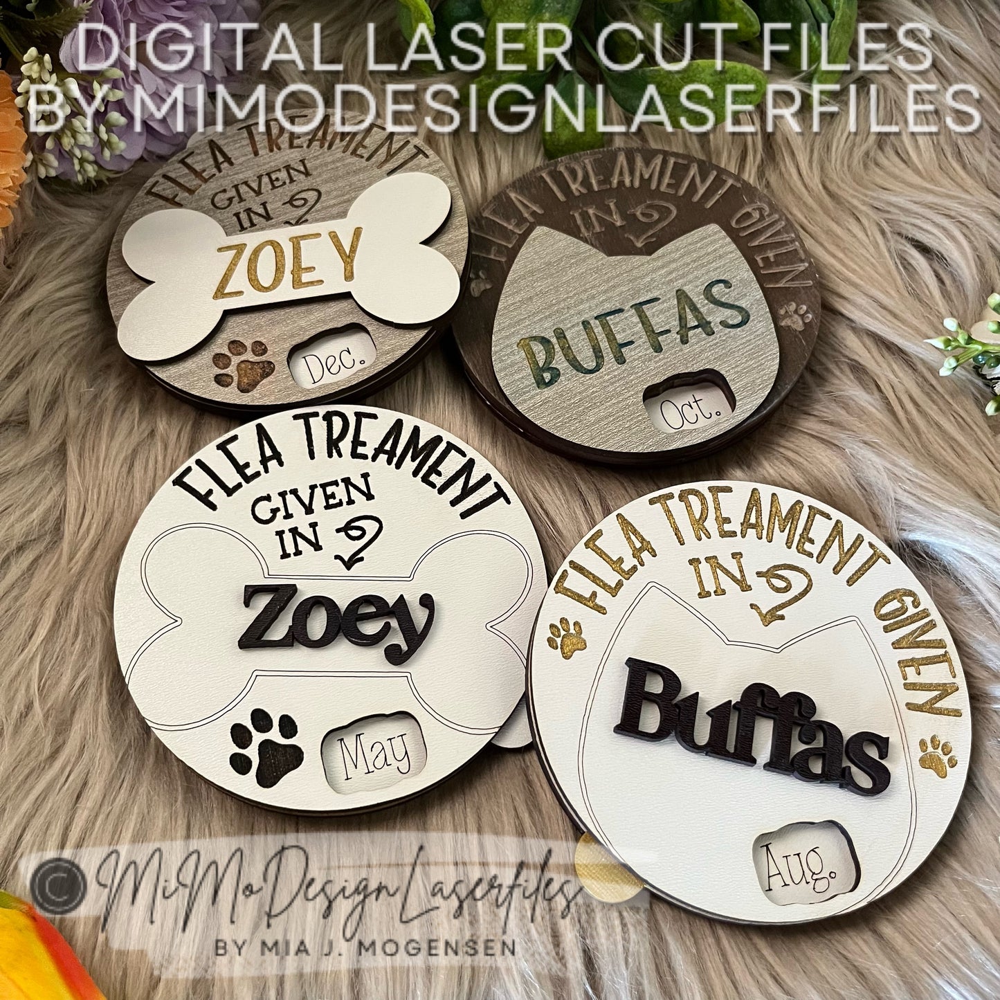 Dog / Cat Bundle of Flea Treatment Rotating & Spinning Reminders, 12 Months, 2 Design, Scored, Engraved fridge Magnet Sign