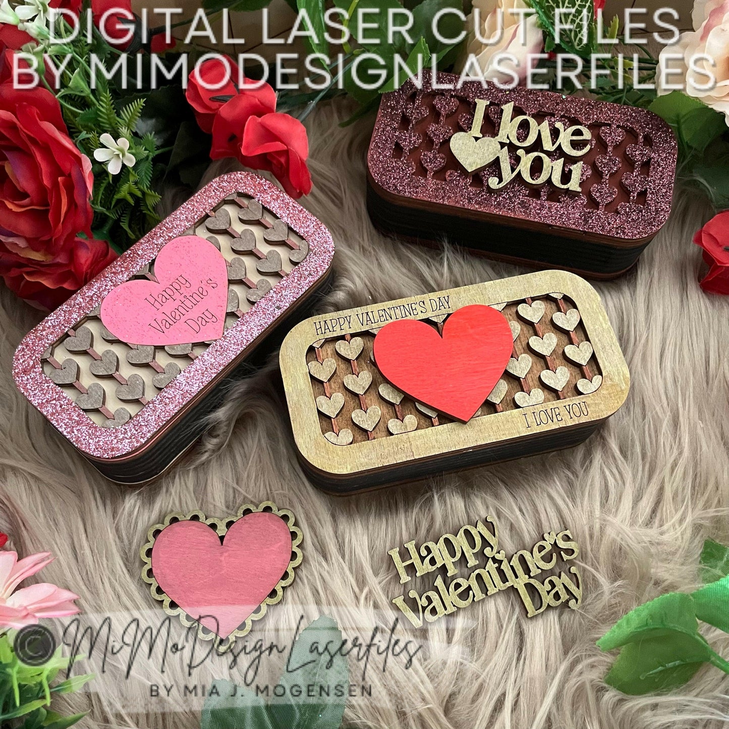 String Heart Valentines Chocolate Boxes with bottom statements / affirmations. 4 designs