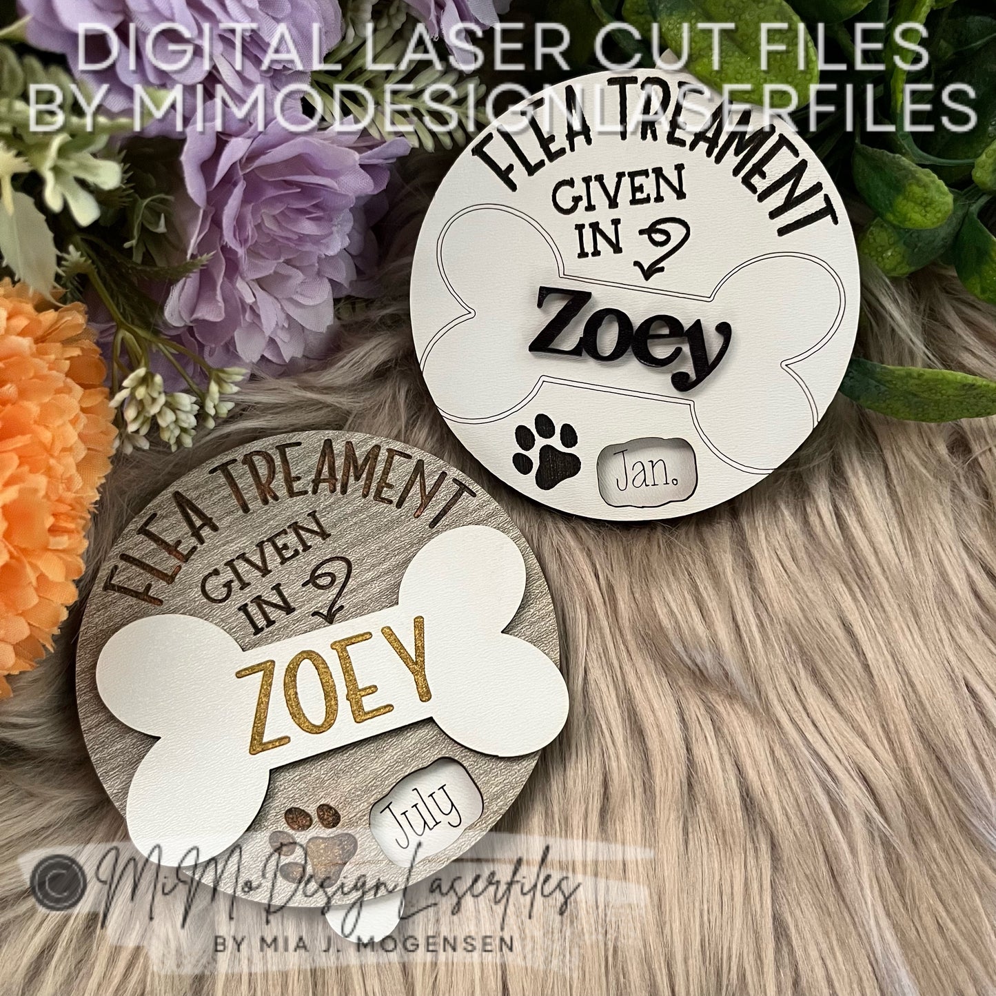 Dog Flea Treatment Rotating & Spinning Reminder with 12 Months, 2 Design, Scored and Engraved fridge Magnet or Adhesive