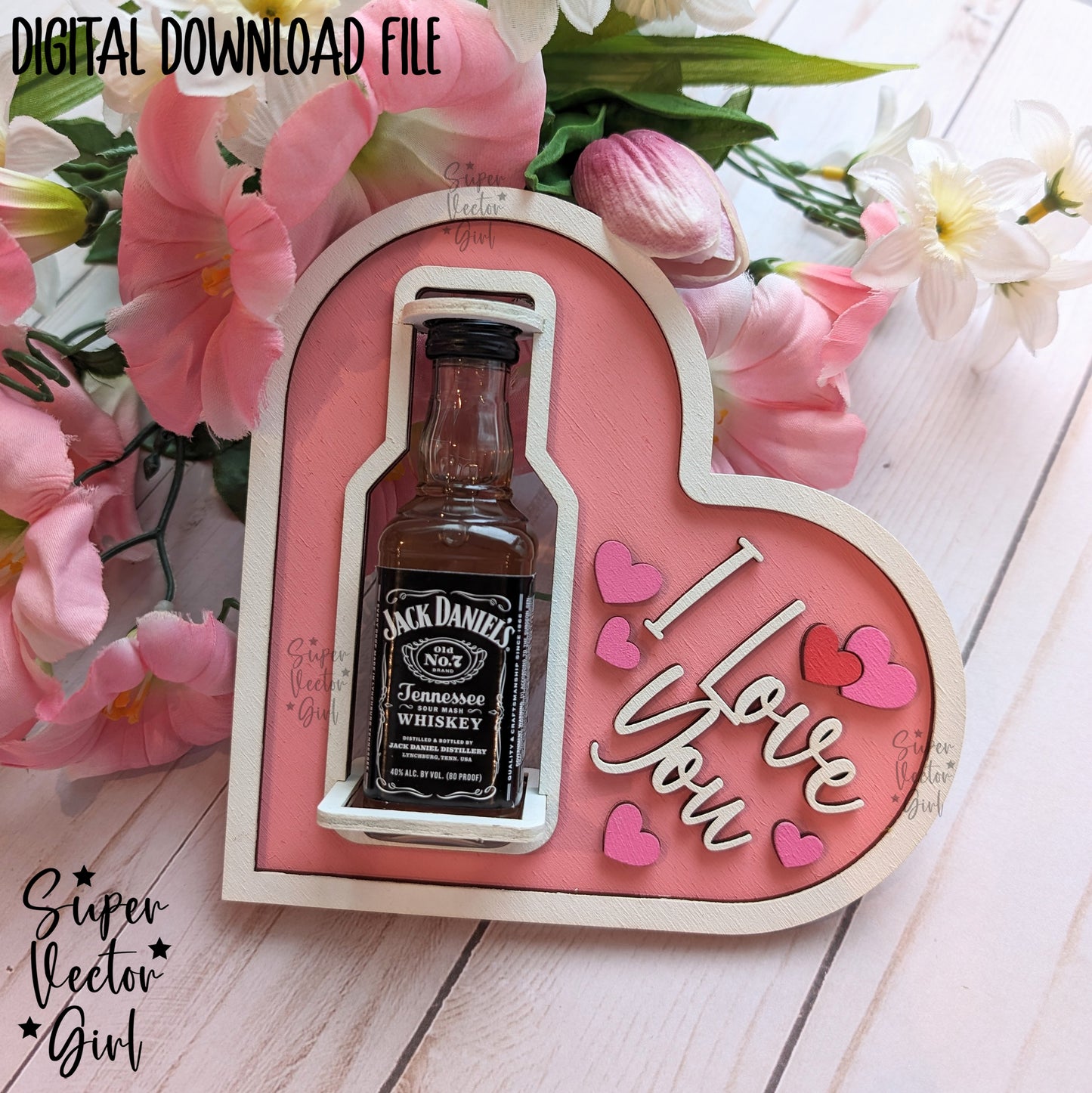 Valentine's Day Shooter Holder Card, SVG Laser Cut File, Alcohol Bottle Gift, Small Round or Square Booze Bottle Shot Shooters, Alcohol 50 ML Shooters, Mini Liquor Holder, Valentines Day Files