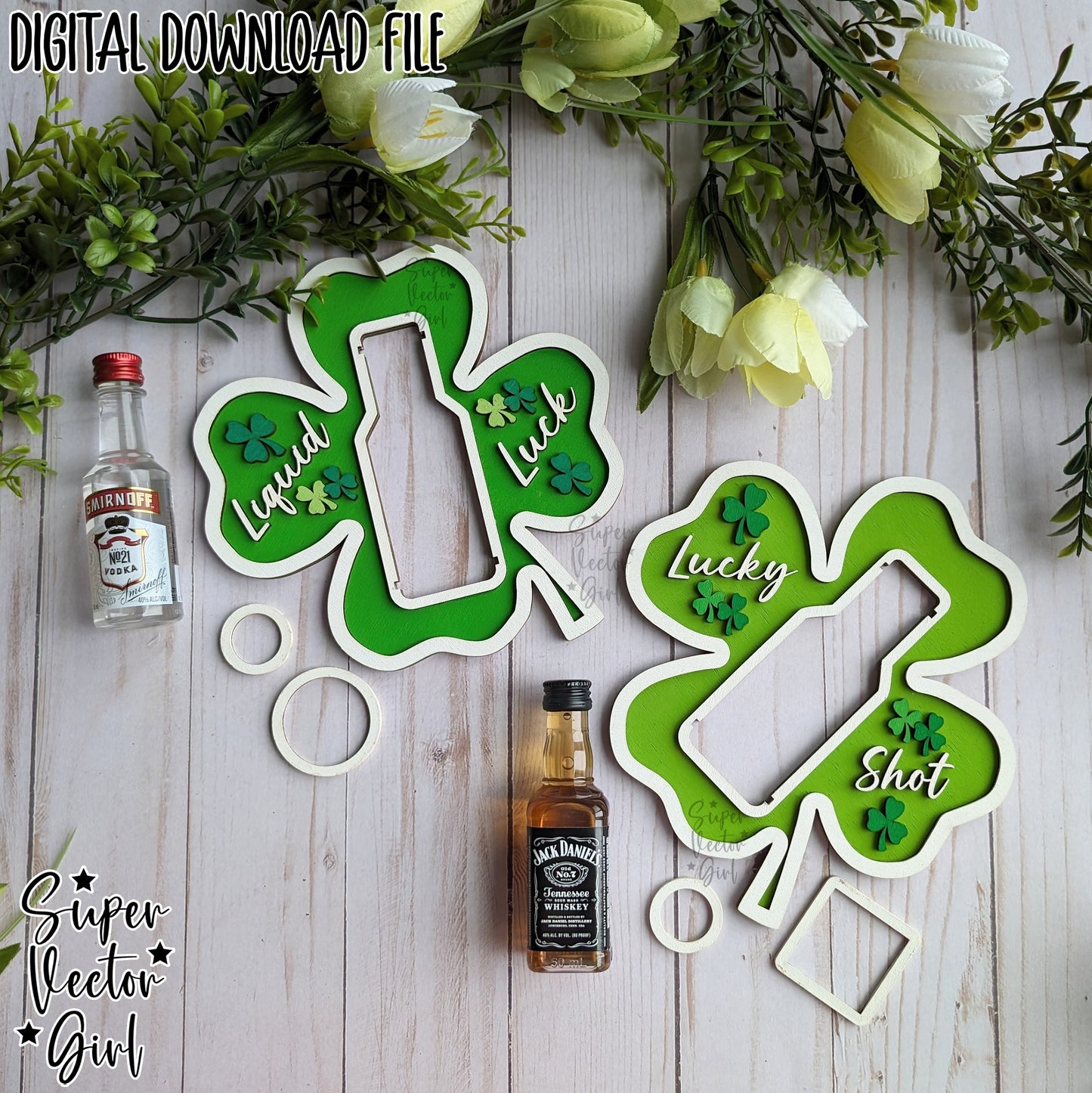 St. Patrick's Day Shooter Holder, SVG, Laser Cut File, Alcohol Bottle Gift, Small Round or Square Booze Bottle Shot Shooters, Alcohol 50 ML Shooters, Mini Liquor Holder, St Patricks Day Files