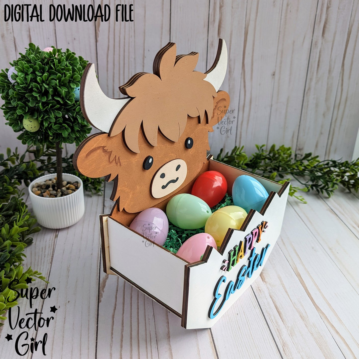 Highland Cow Easter Basket Crate, Easter Treats Box, SVG, Laser Cut File, xTool Glowforge files, Cute high land cow in egg, gift box, hatching, spring