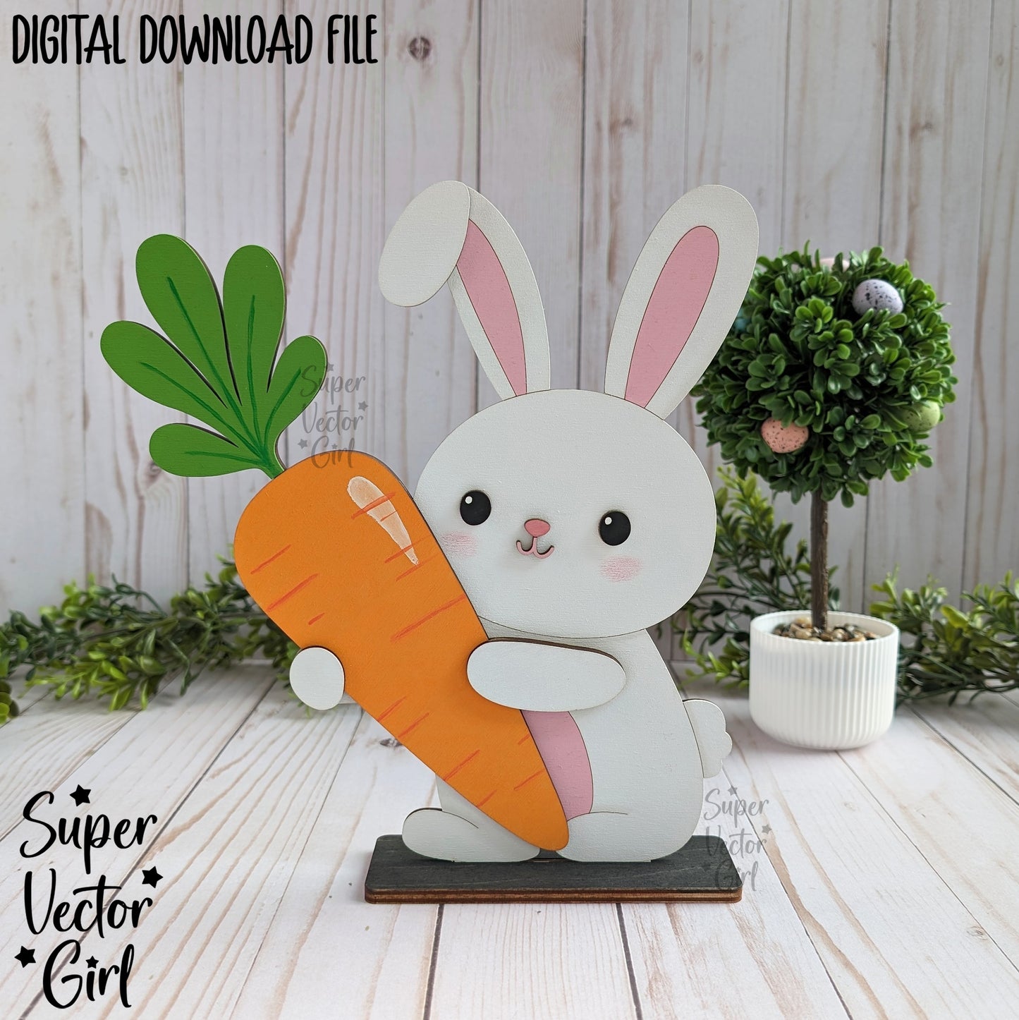 Easter Bunny Holding a Carrot Shelf Sitter, SVG, Laser Cut File, Cute Easter Rabbit, Spring Sign, Tiered Tray, Table Decoration, Home Decor, Shelf Sitters Files, Family Name Sign