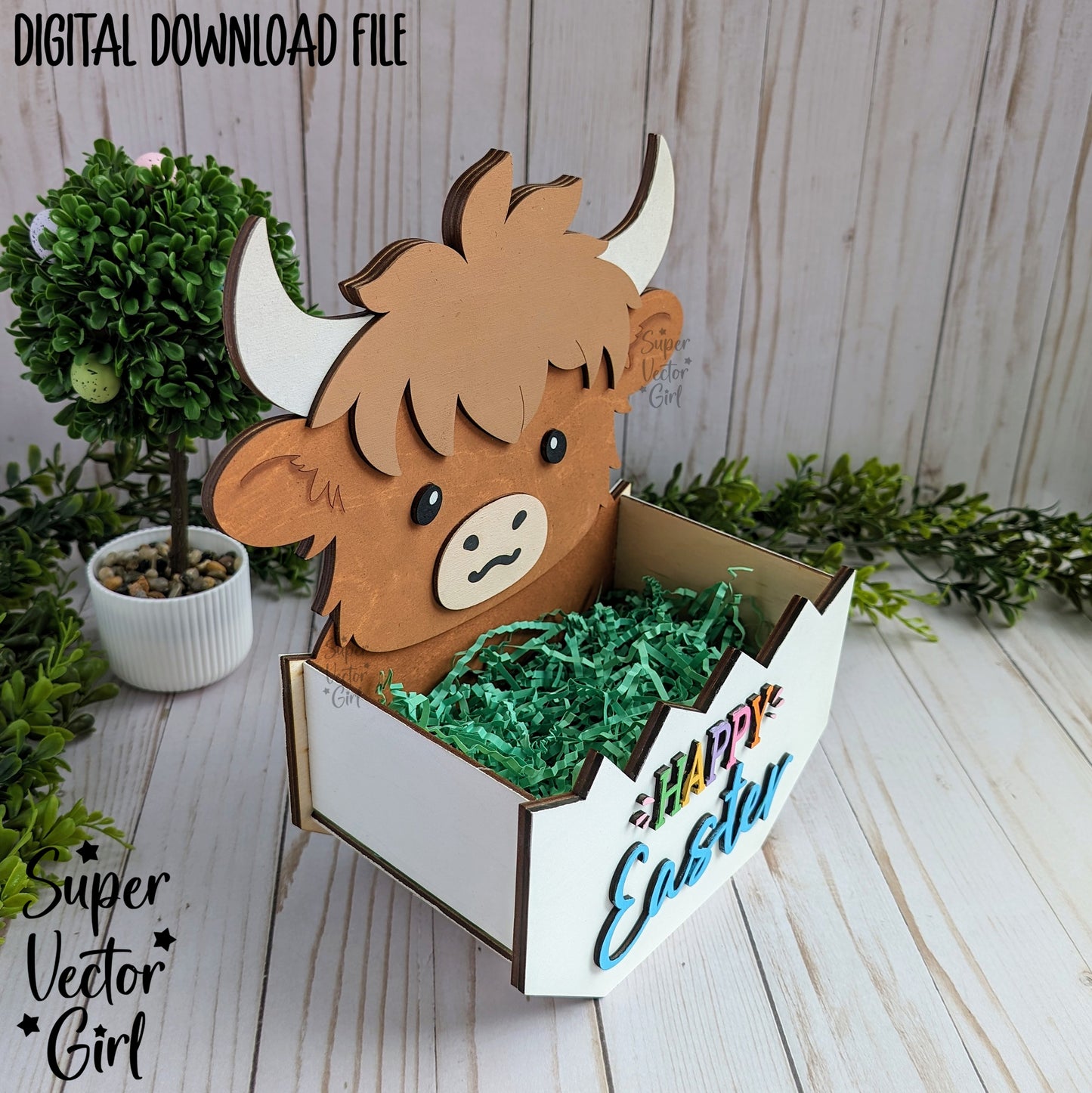 Highland Cow Easter Basket Crate, Easter Treats Box, SVG, Laser Cut File, xTool Glowforge files, Cute high land cow in egg, gift box, hatching, spring