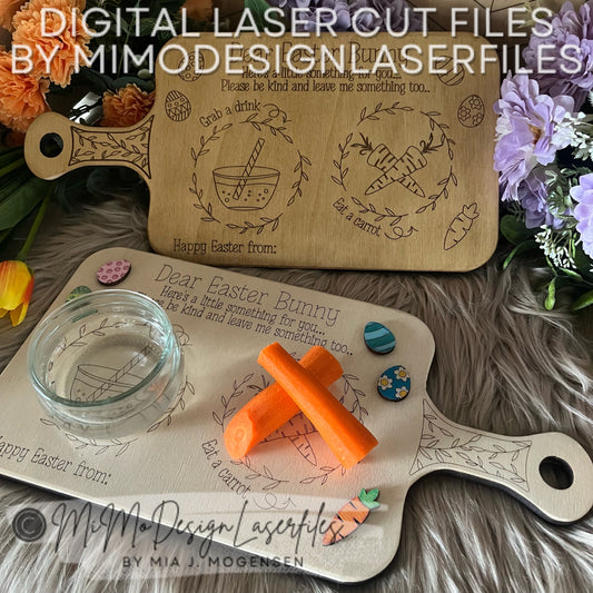 Cutting Board Shaped Easter Bunny Treat Trays - Scored & Engraved version, left/right handed, layered eggs + carrots