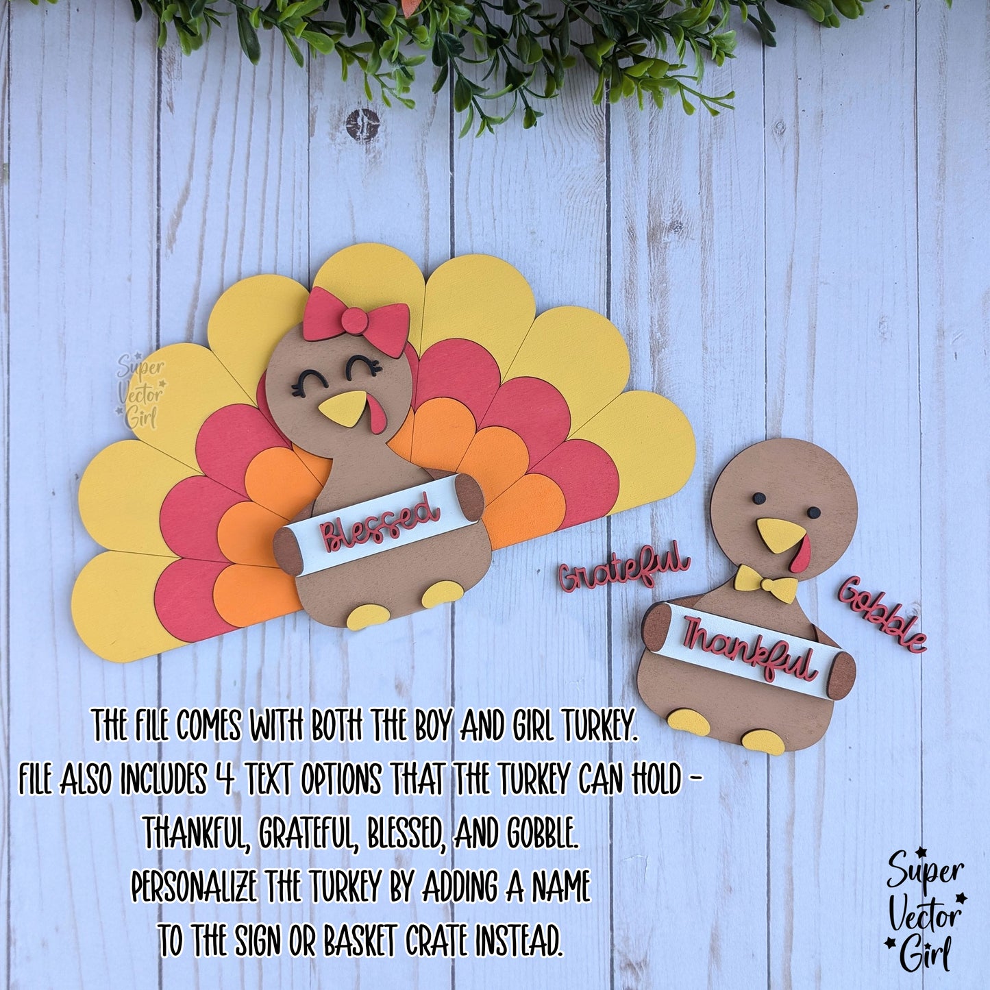 Thanksgiving Crate Box, Turkey Holding a Sign, Girl or Boy Thankful Turkey, Table Decoration Basket, SVG, Digital Laser Cut File files, Cute Turkey Shelf Sitter, Fall Home Decor