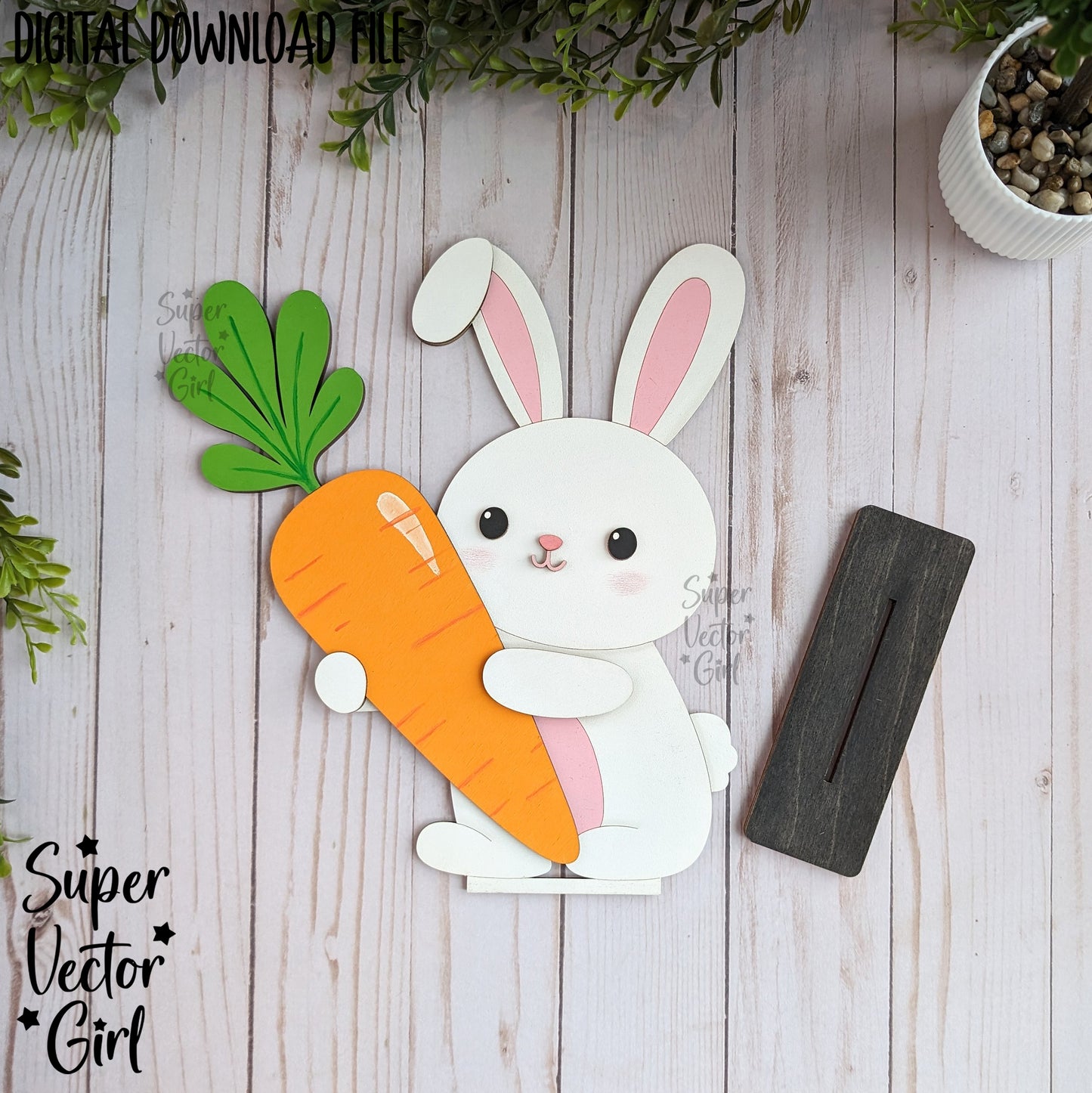 Easter Bunny Holding a Carrot Shelf Sitter, SVG, Laser Cut File, Cute Easter Rabbit, Spring Sign, Tiered Tray, Table Decoration, Home Decor, Shelf Sitters Files, Family Name Sign