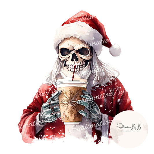 Festive Santa Skeleton Sublimation Design for Coffee Enthusiasts