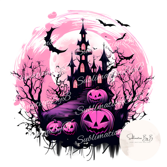 Pink Haunted House Specter: Halloween Sublimation Design for Trendsetters