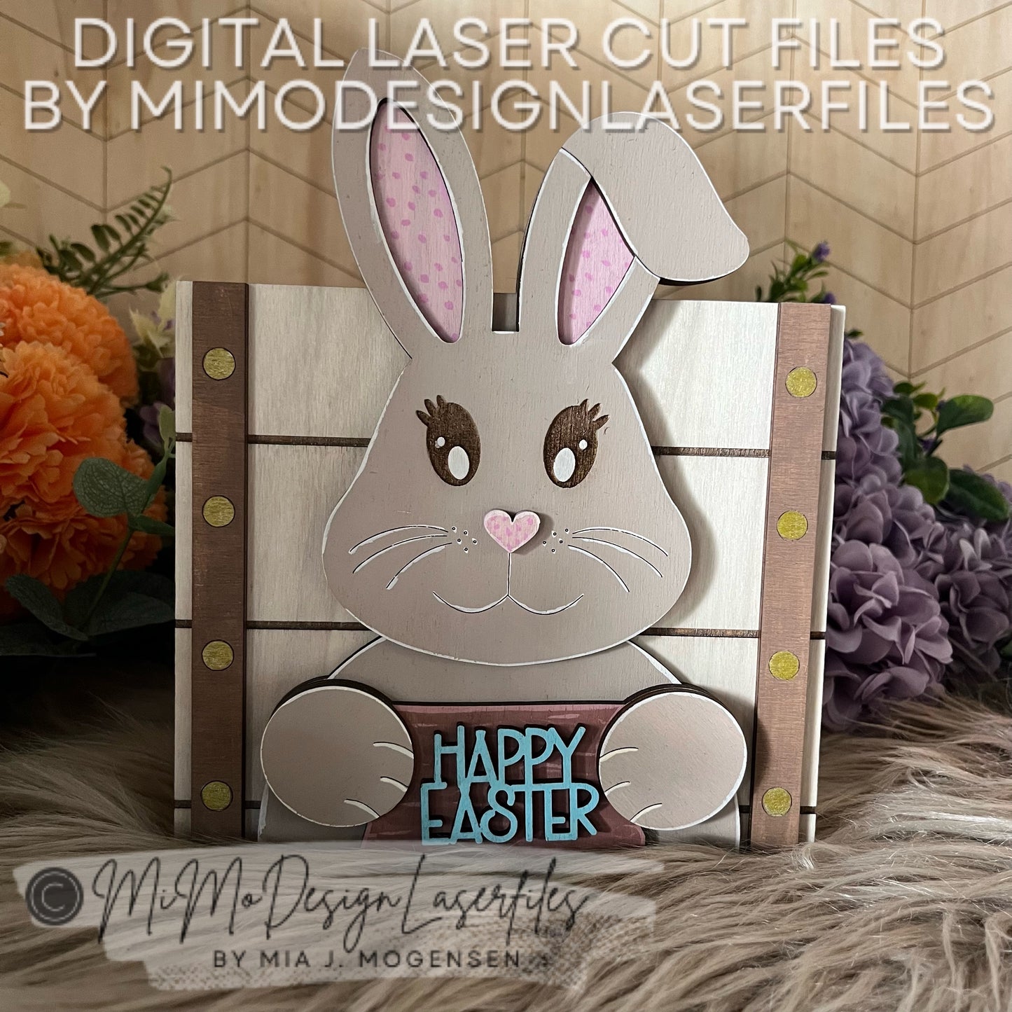 Square 6x6" 3D Easter Bunny Box / Crate for big Chocolate Eggs, Toys, Candy, Gifts & Kids Name