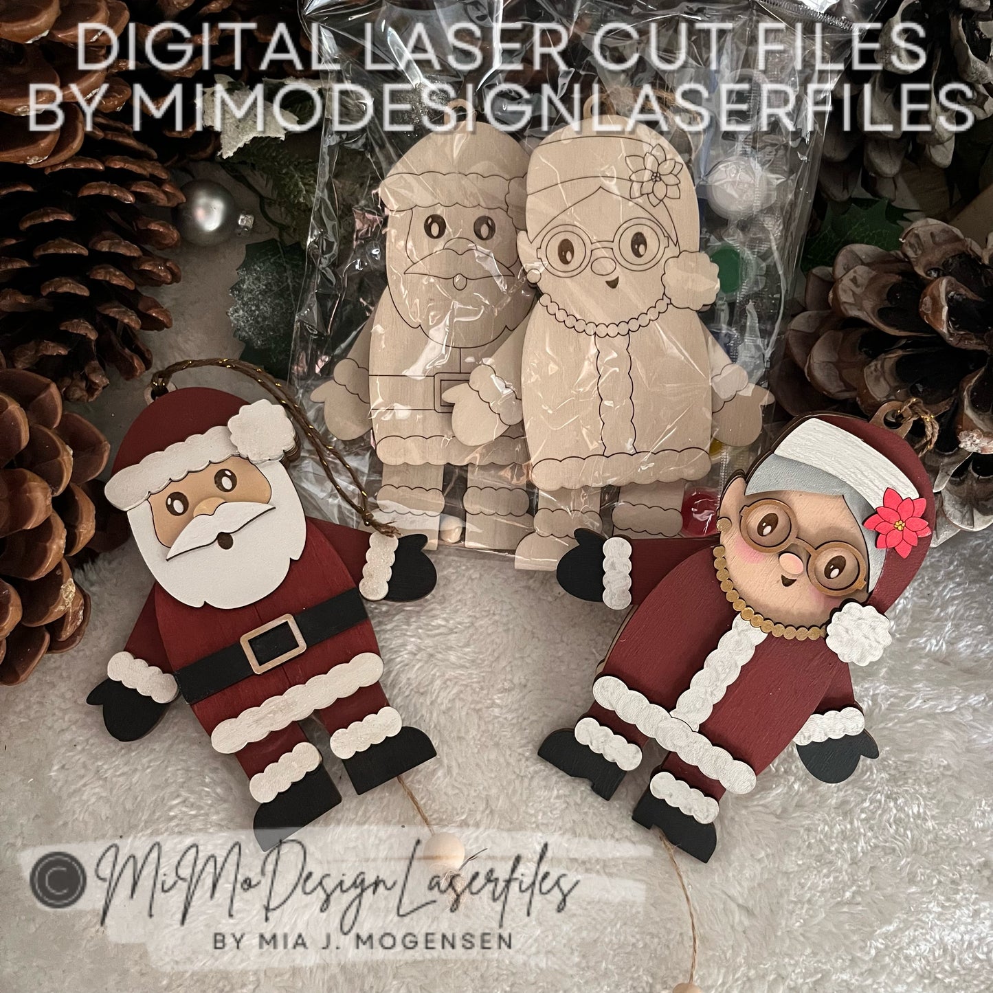 BUNDLE of Jumping Jack Santa Claus And Mrs. Santa | Layered & Single Line DIY Paint Kit | Christmas Ornament | Digital Download Laser Cutting