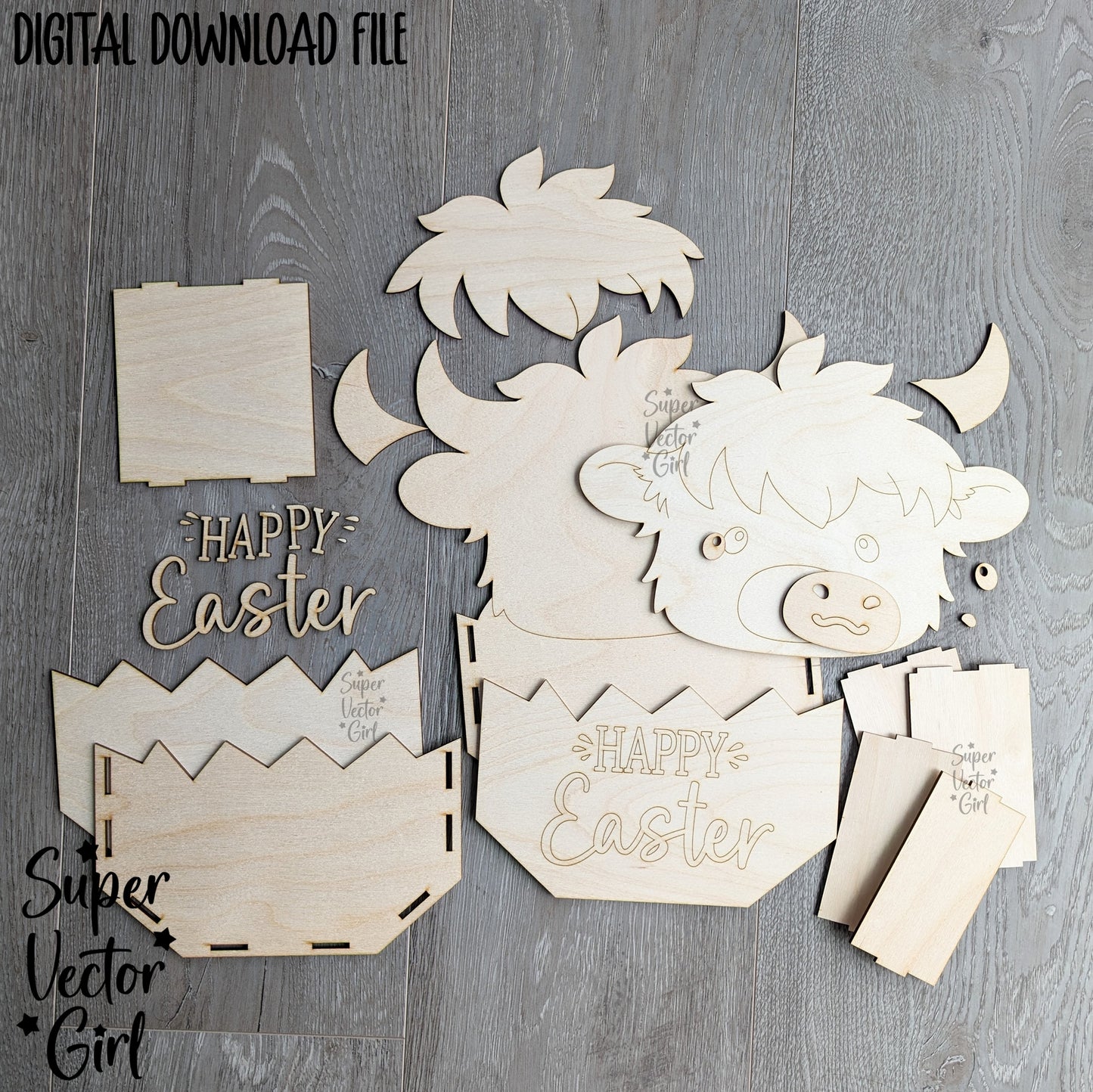 Highland Cow Easter Basket Crate, Easter Treats Box, SVG, Laser Cut File, xTool Glowforge files, Cute high land cow in egg, gift box, hatching, spring