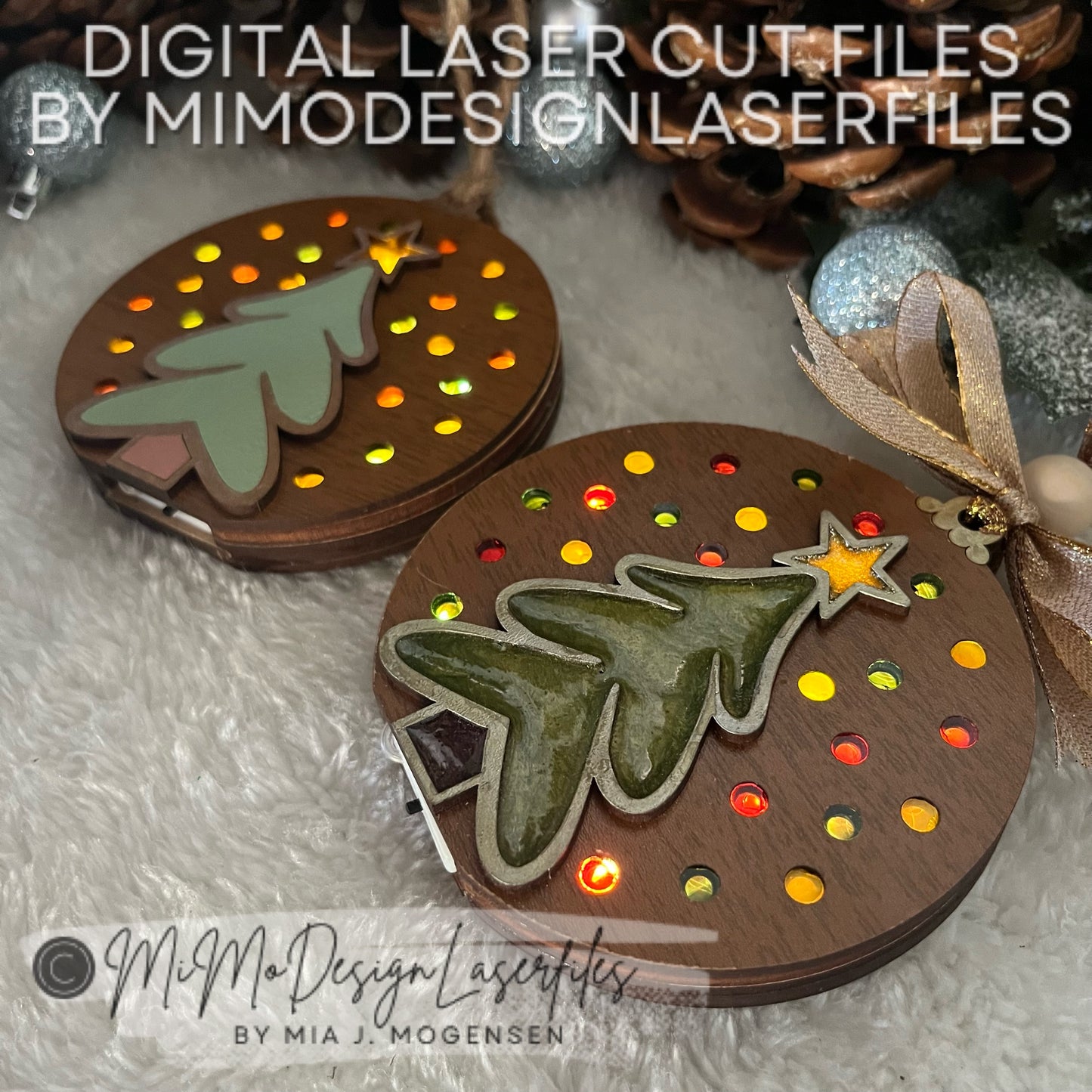 Fairy Light Christmas Ornament with Layered Tree & Battery Change Door. Easy Tutorial for Resin / Acetate Sheets Incl.