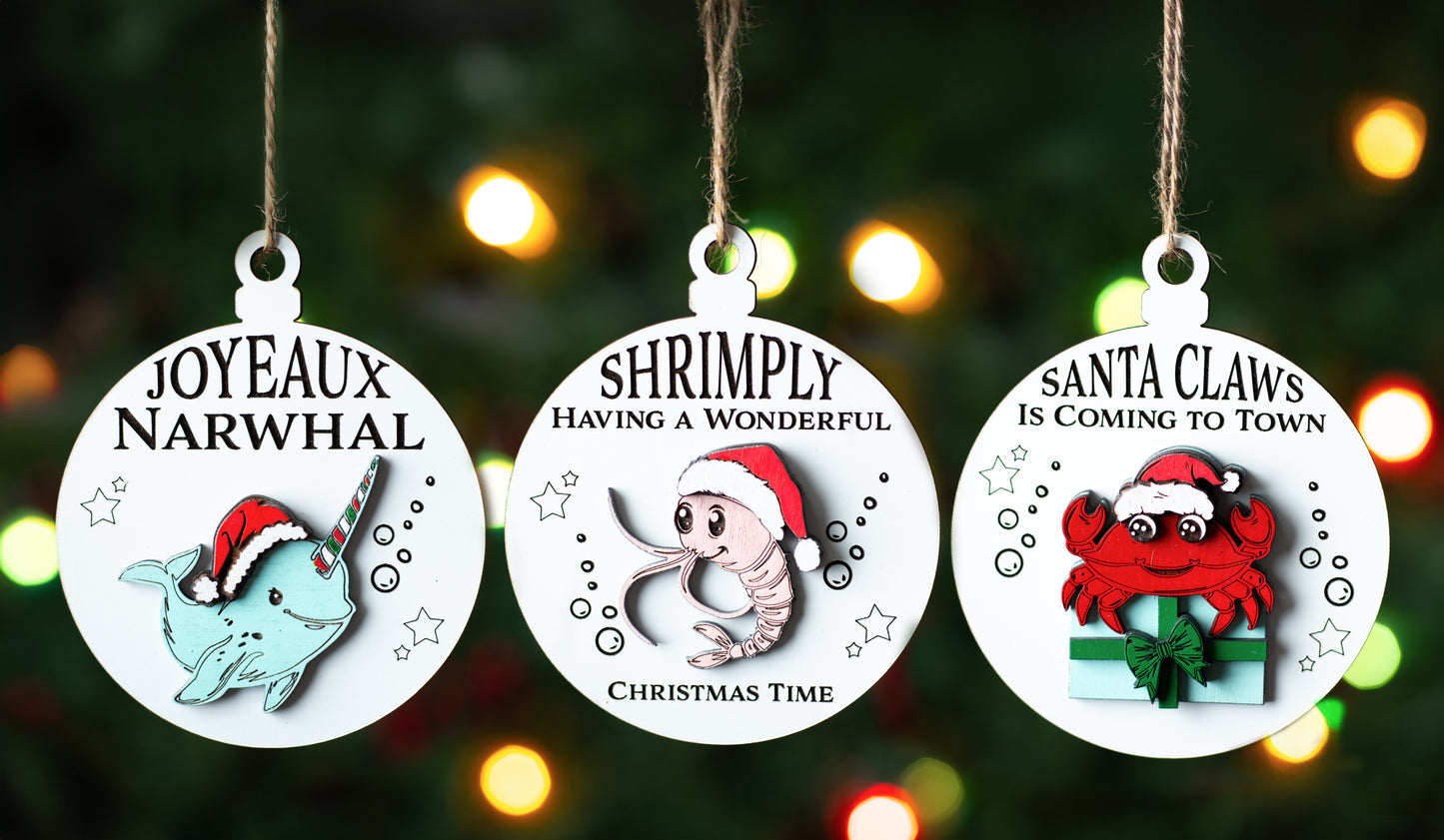 Laser Cut Digital File, Funny Ocean Sea Creature Pun Christmas Ornaments SVG, PNG, Glowforge, Narwhal, Ocean, Beach, Shrimply, Santa Claws