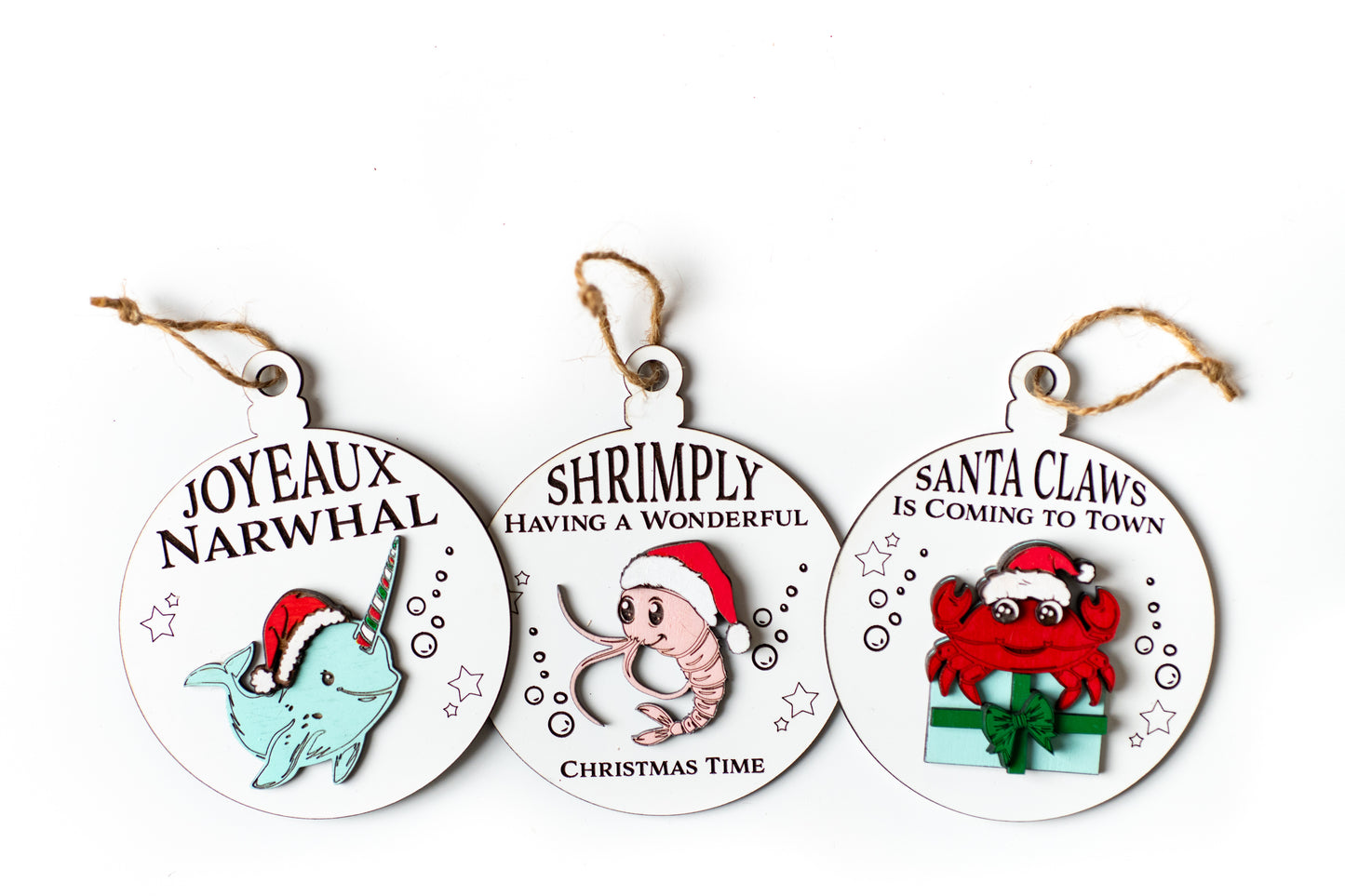 Laser Cut Digital File, Funny Ocean Sea Creature Pun Christmas Ornaments SVG, PNG, Glowforge, Narwhal, Ocean, Beach, Shrimply, Santa Claws