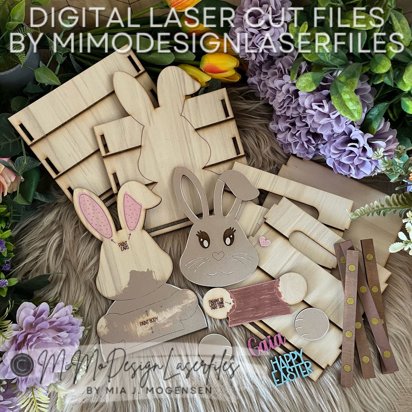 Square 6x6" 3D Easter Bunny Box / Crate for big Chocolate Eggs, Toys, Candy, Gifts & Kids Name