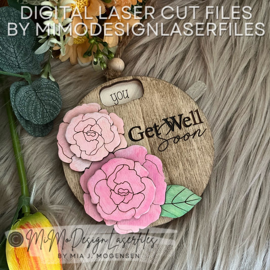 Good Recovery Affirmation Tag/Ornament/Magnet Spinner - 3D Layered Peonies, Get Well Soon Engraved Text