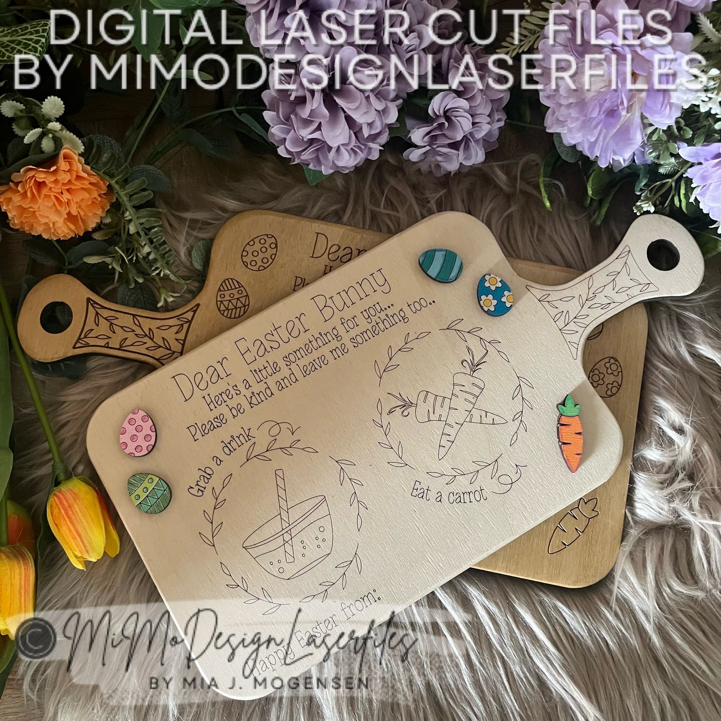 Cutting Board Shaped Easter Bunny Treat Trays - Scored & Engraved version, left/right handed, layered eggs + carrots