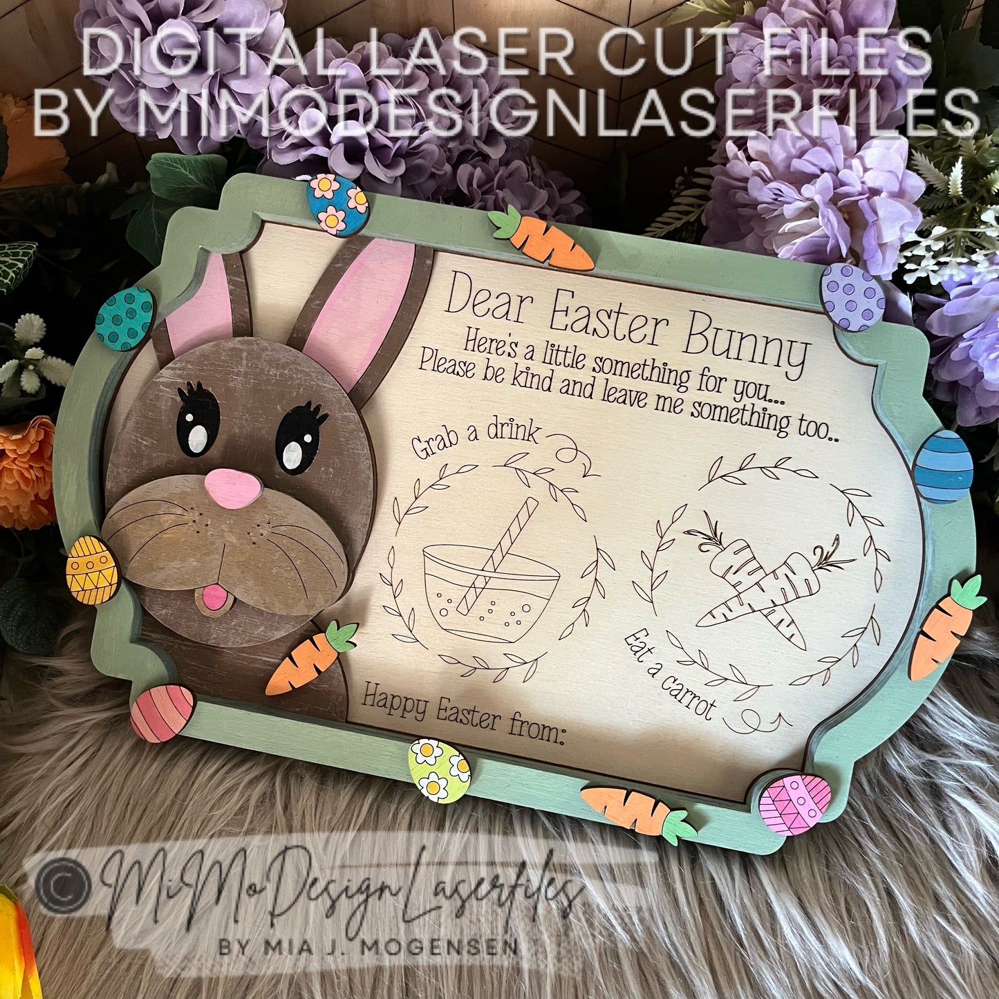 Easter Bunny 3D Treat Tray for drink & carrots, all scored single line design with layered eggs, carrots