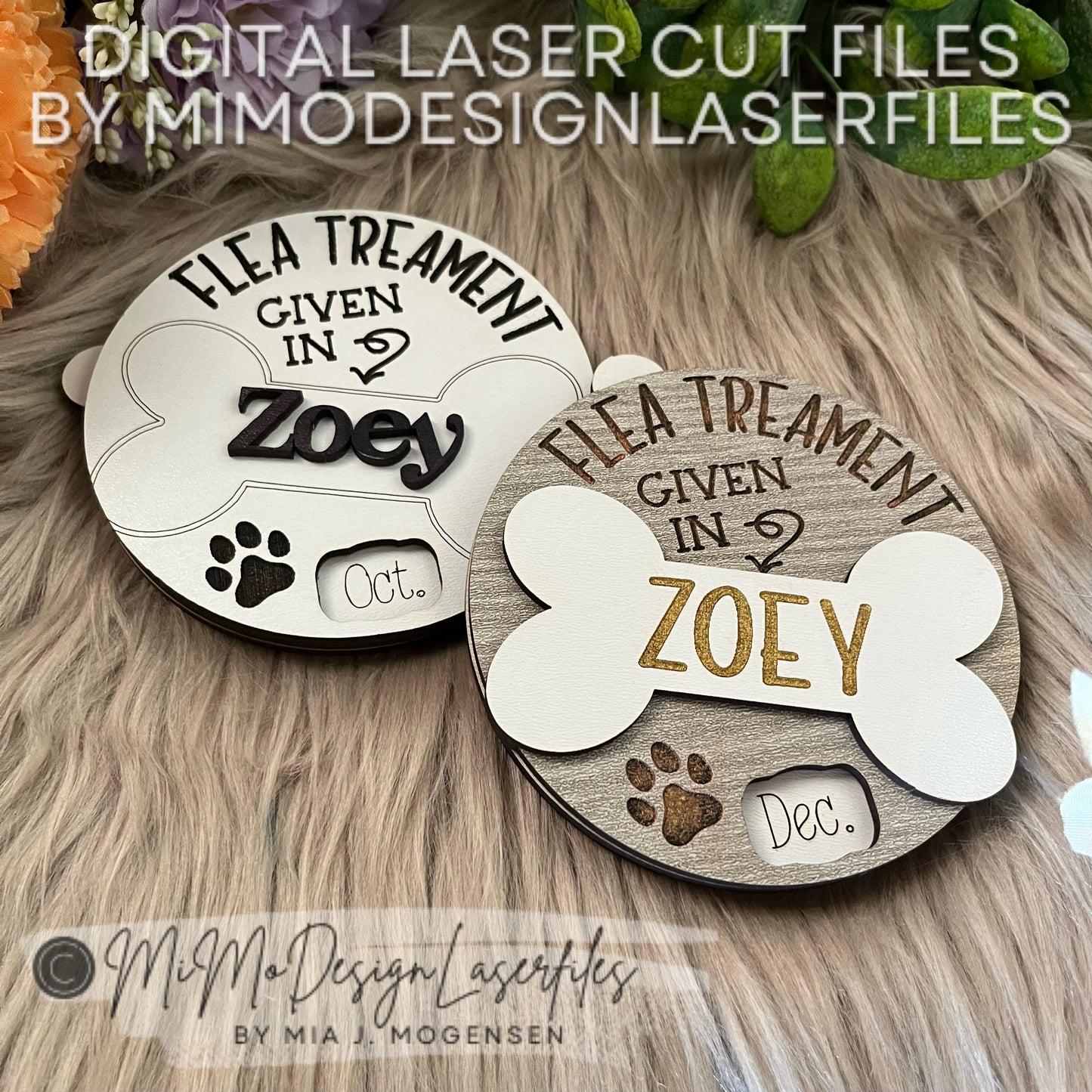 Dog Flea Treatment Rotating & Spinning Reminder with 12 Months, 2 Design, Scored and Engraved fridge Magnet or Adhesive