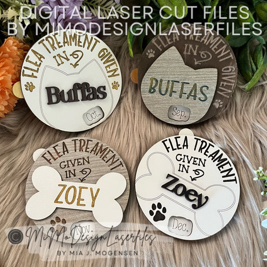 Dog / Cat Bundle of Flea Treatment Rotating & Spinning Reminders, 12 Months, 2 Design, Scored, Engraved fridge Magnet Sign