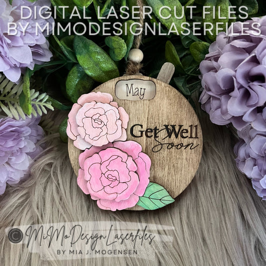 Good Recovery Affirmation Tag/Ornament/Magnet Spinner - 3D Layered Peonies, Get Well Soon Engraved Text