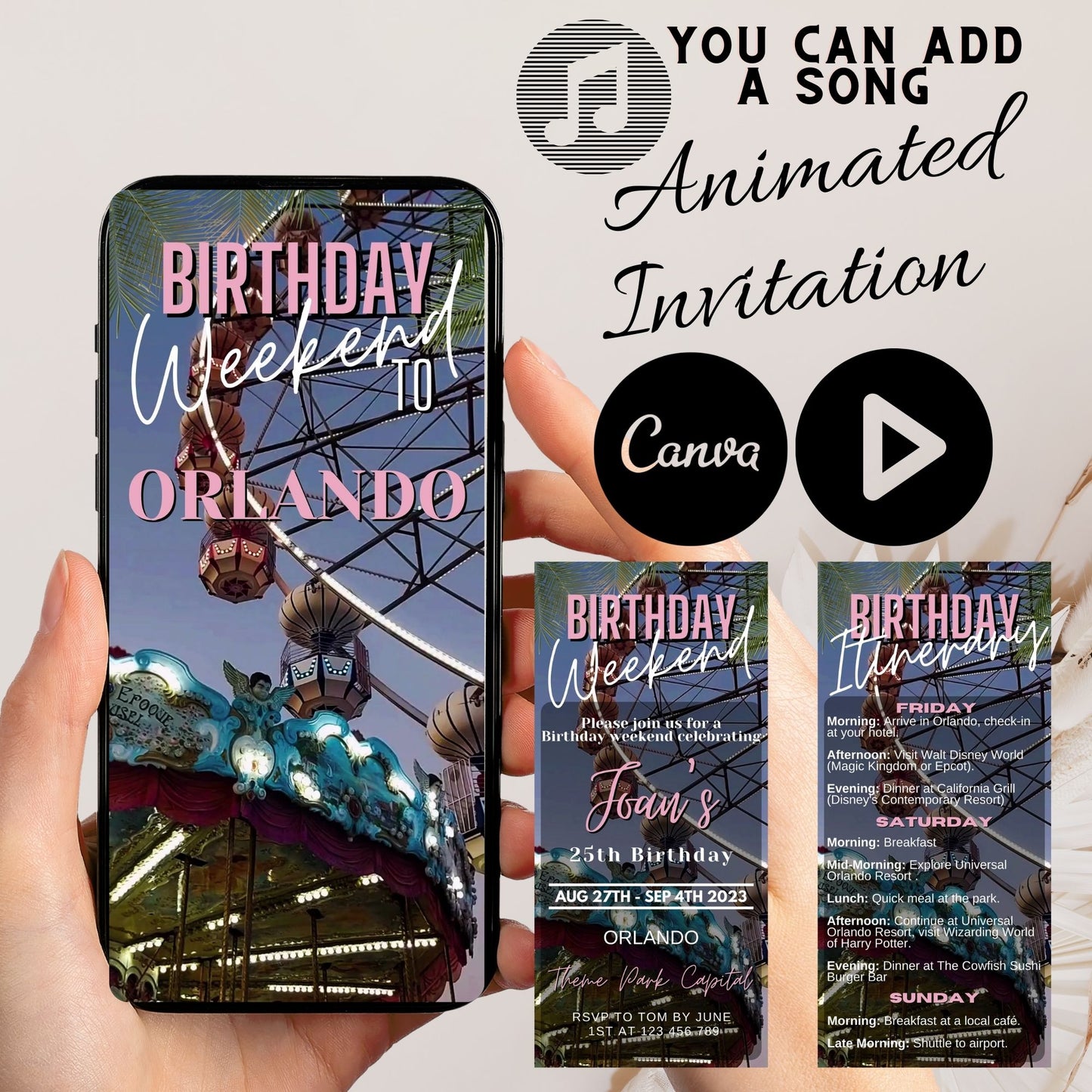 Animated Birthday Weekend Invitation and Itinerary Template - Theme Park Fun in Orlando