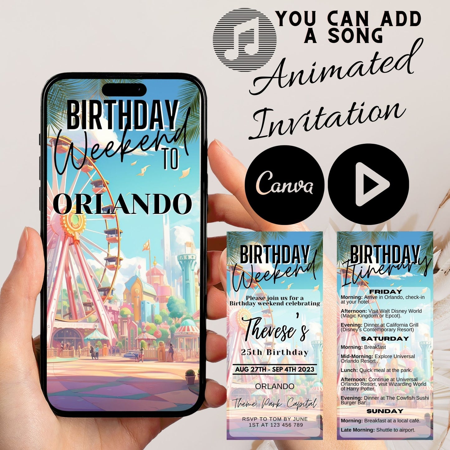 Animated Birthday Weekend Invitation and Itinerary Template - Orlando Theme Park Extravaganza