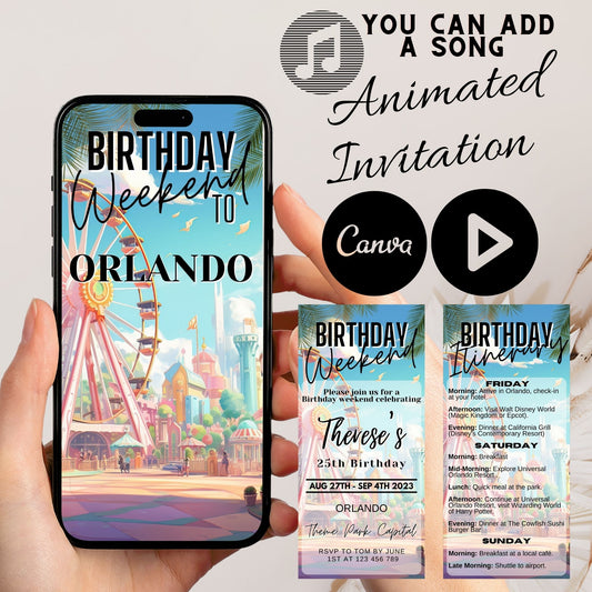 Animated Birthday Weekend Invitation and Itinerary Template - Orlando Theme Park Extravaganza